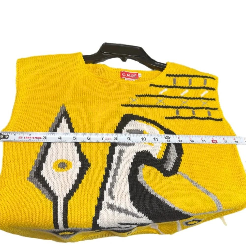 80’s 90’s Vintage Abstract Cotton Ramie Sweater Vest S Petite Yellow Dopamine - Picture 6 of 6
